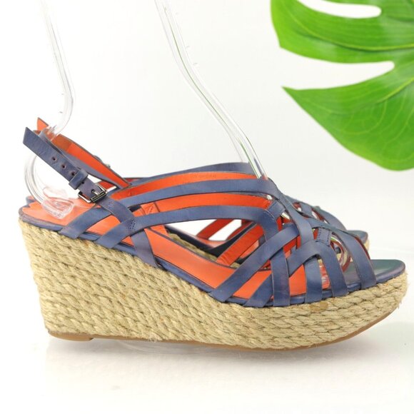 Via Spiga Womens Mable Sandal Size 10 Blue Leather Espadrille Platform Wedge - Picture 1 of 12